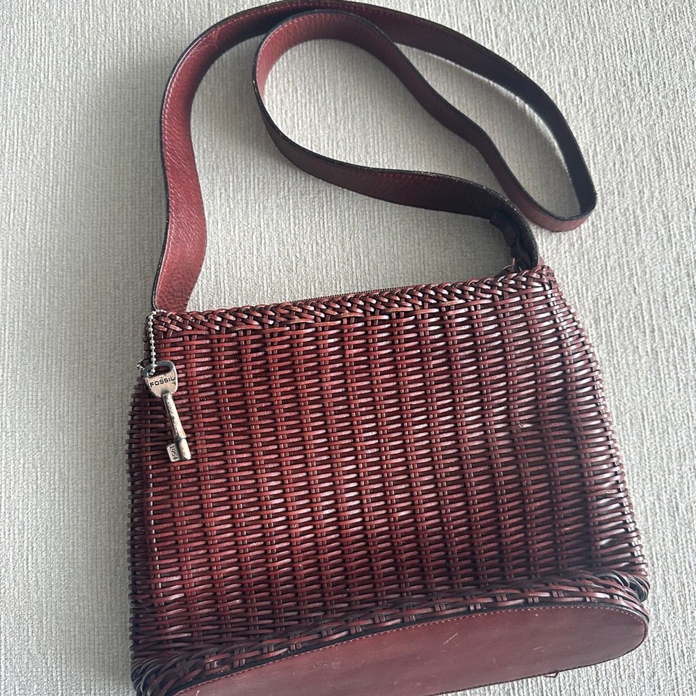 Vintage Fossil Brown Leather Woven Crossbody Bag